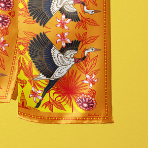 Silk Scarf "Graceful Cranes at Afternoon Tea" 170cm x 53cm
